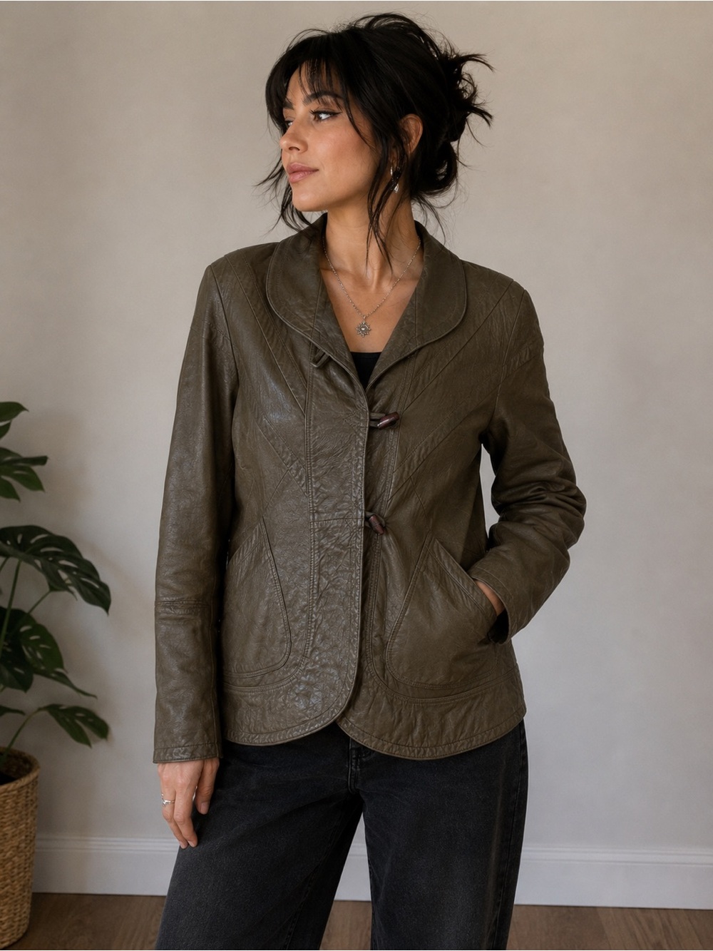 Vintage Olive 100% Leather Jacket with Toggle Closures